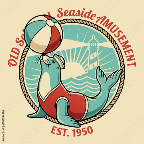 Old Seaside Amusement Seal Balancing Beach Ball.