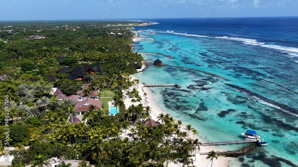 Naklejka premium Punta Cana Skyline At Punta Cana In La Altagracia Dominican Republic. Caribbean Skyline. Beach Landscape. Nature Seascape. Punta Cana Skyline In Punta Cana In La Altagracia Dominican Republic. Scenic 
