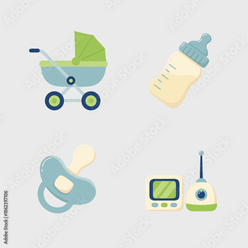 Set of baby care icons including stroller, bottle, pacifier, and baby monitor.