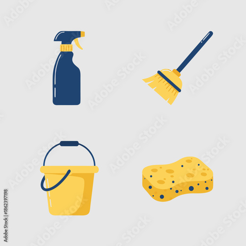 Set of cleaning supplies including a spray bottle, broom, bucket, and sponge.