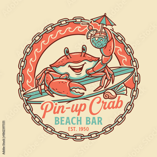 Retro Pin-up Crab Beach Bar Logo Design.