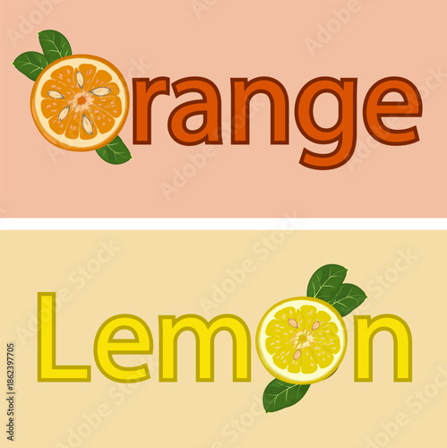 Advertising banners with lemon and orange text.Set of colored banners with lemon and orange texts on wooden backgrounds.