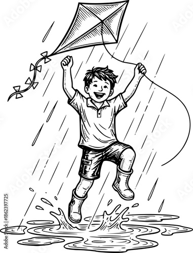 Engraved Illustration: Boy Jumping in Puddles with Kite on a Rai
