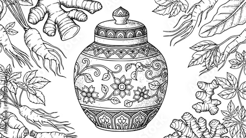 Ornate engraved illustration of ginger root jar surrounded by fo
