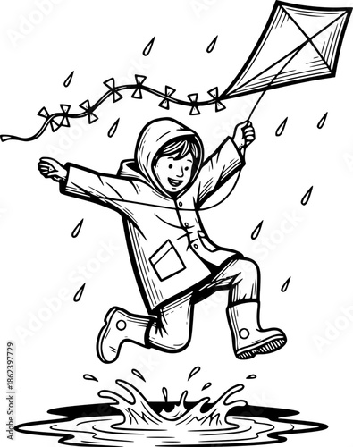 Engraved Illustration: Boy Jumping in Puddles with Kite on a Rai
