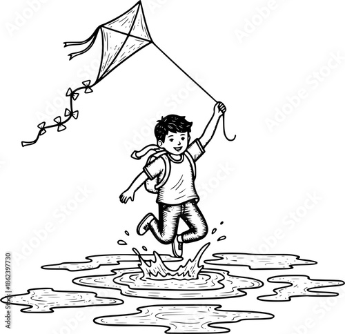 Engraved Illustration: Boy Jumping in Puddles with Kite on a Rai
