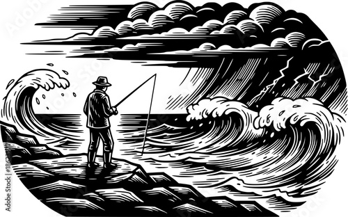 Vintage engraved illustration of a lonely fisherman near stormy
