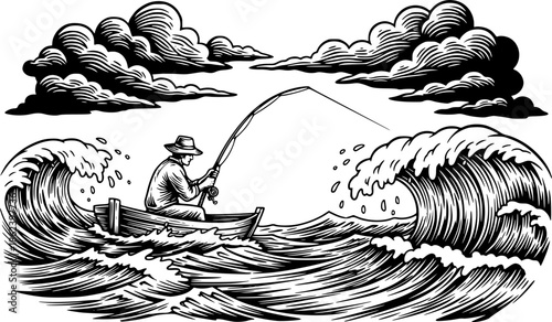 Vintage engraved illustration of a lonely fisherman near stormy
