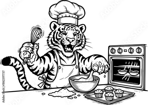 Whimsical Woodcut Illustration of Tiger Chef Baking Cupcakes, Cu
