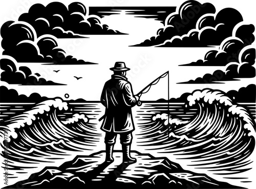 Vintage engraved illustration of a lonely fisherman near stormy
