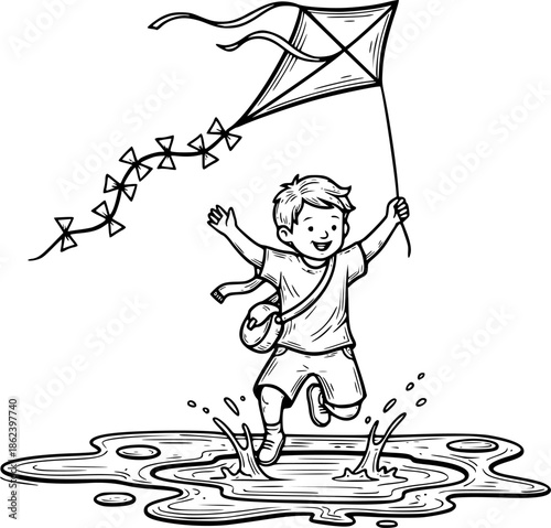 Engraved Illustration: Boy Jumping in Puddles with Kite on a Rai
