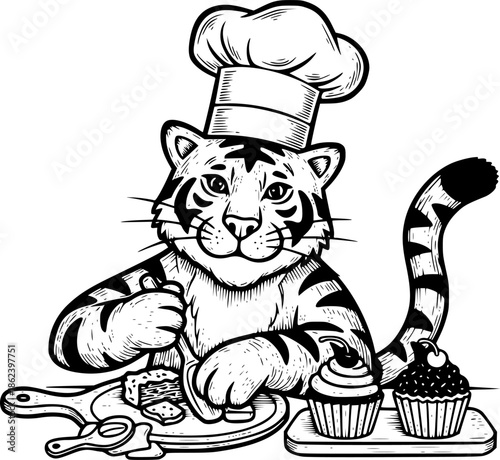 Whimsical Woodcut Illustration of Tiger Chef Baking Cupcakes, Cu
