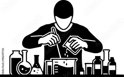 Monochrome enigmatic figure mixing unknown substances in a minim

