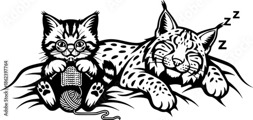 Humorous depiction of knitting kitten and lynx resting on cozy b
