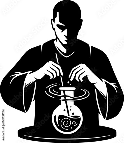 Monochrome enigmatic figure mixing unknown substances in a minim

