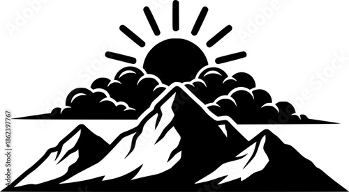 Monochrome mountain range illustration with sun and clouds lands
