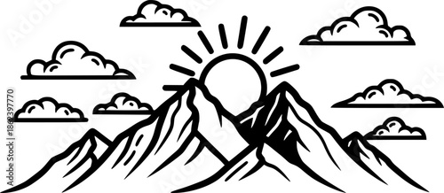 Monochrome mountain range illustration with sun and clouds lands
