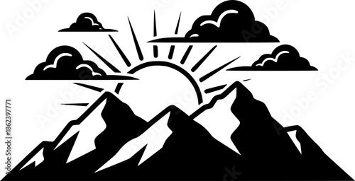 Monochrome mountain range illustration with sun and clouds lands
