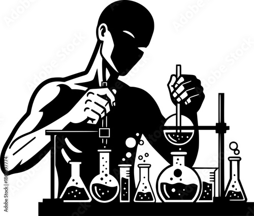 Monochrome enigmatic figure mixing unknown substances in a minim

