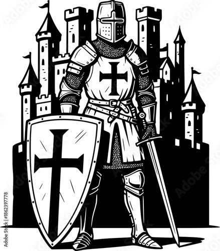 Medieval sentinel etching illustration of a knight guarding cast
