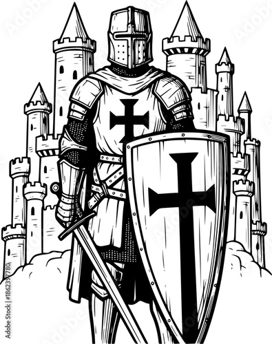 Medieval sentinel etching illustration of a knight guarding cast
