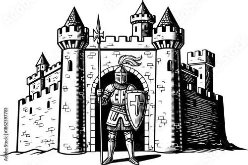 Medieval sentinel etching illustration of a knight guarding cast
