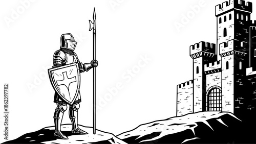 Medieval sentinel etching illustration of a knight guarding cast

