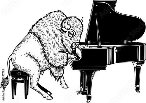 Engraved Illustration of a Bison Playing Piano in a Classic Sett

