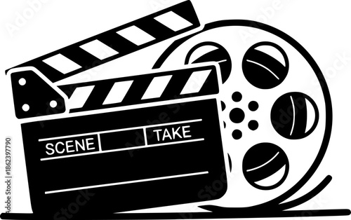 Monochrome vector illustration featuring the theme of movies and
