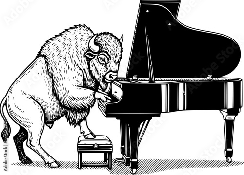 Engraved Illustration of a Bison Playing Piano in a Classic Sett
