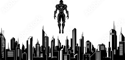Futuristic guardian over metropolis minimalist monochrome vector
