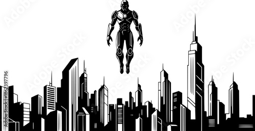 Futuristic guardian over metropolis minimalist monochrome vector
