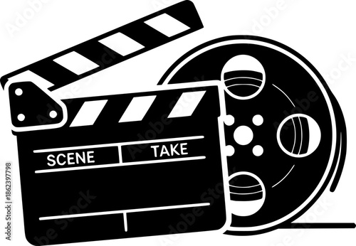 Monochrome vector illustration featuring the theme of movies and
