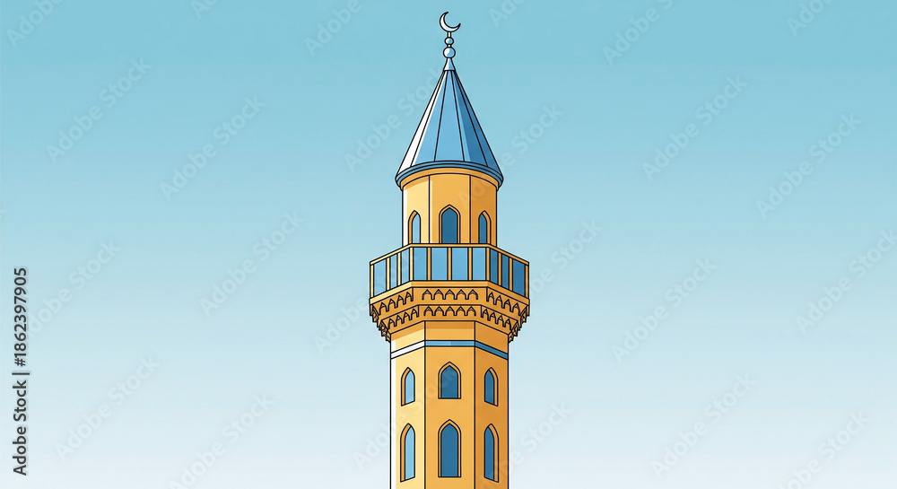 Obraz premium Vibrant yellow mosque minaret with blue dome and crescent moon