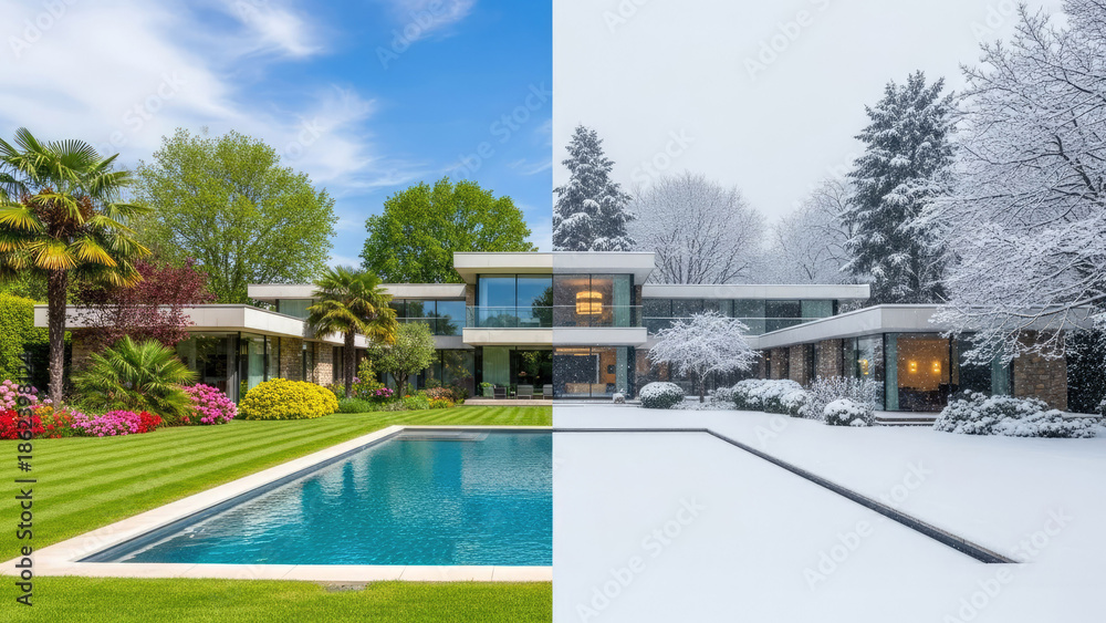 Obraz premium A contemporary house with poolside terrace changes from green summer landscape to snowy winter showcasing seasonal contrast and stylish outdoor living.