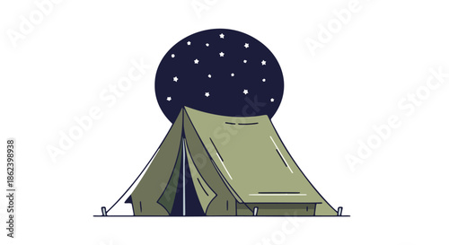 Camping under the stars at dusk with a tent in a serene landscape view