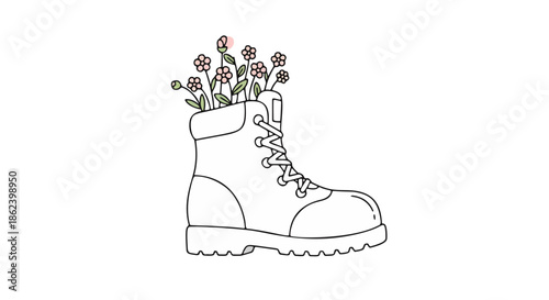 A simple line drawing of a boot with flowers coming out of it on a white background