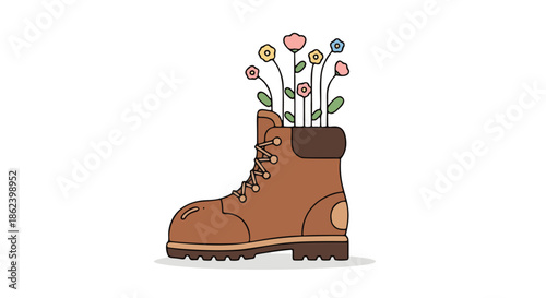 A brown boot with flowers growing out of it, symbolizing growth and freedom in a creative and imaginative scene