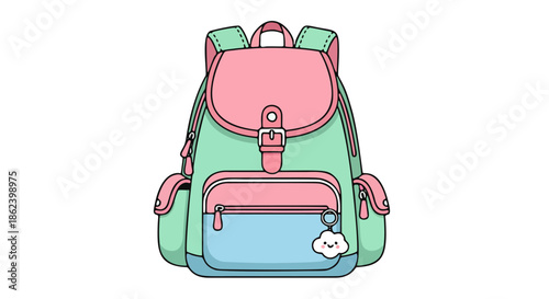 Colorful cartoon backpack illustration with pink, green, and blue hues on a white background