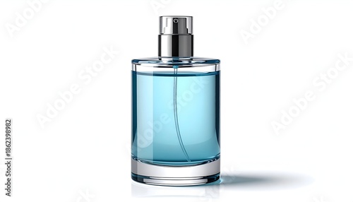 Cylindrical glass bottle with silver cap, filled with blue liquid, on white background