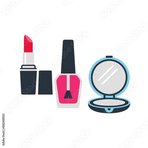 Set of flat design cosmetic icons with lipstick nail polish and compact mirror.