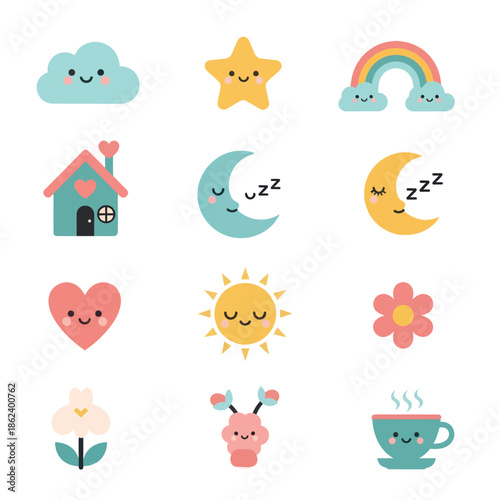 Foto Cute Kawaii Icons Set for Kids and Baby Designs.