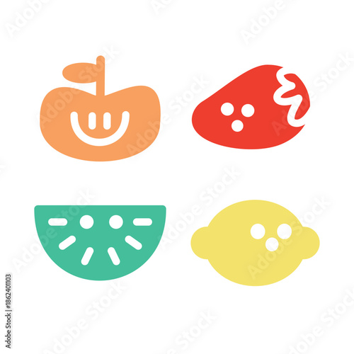 Set of cute happy fruit characters in flat minimalist style isolated on white background