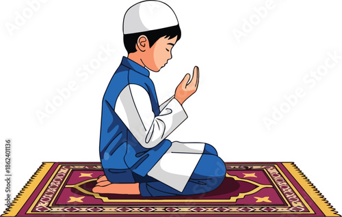 Illustration of a young Muslim boy praying on a colorful prayer mat with his hands raised in a gesture of supplication against a plain white background.