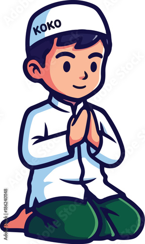 A cartoon boy in a white shirt and green pants kneels with hands clasped in prayer, wearing a KOKO cap on a plain white background.