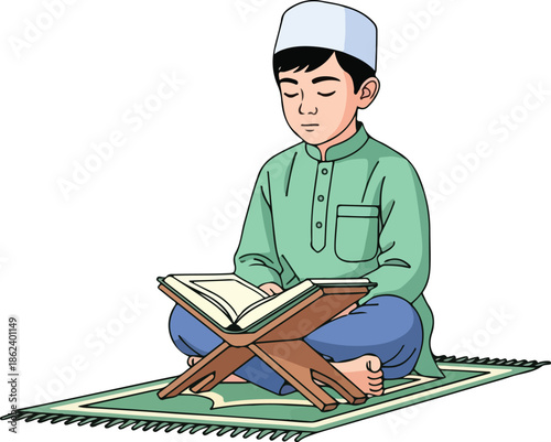 Illustration of a young boy reading a book from a lectern on a prayer mat wearing a traditional outfit.