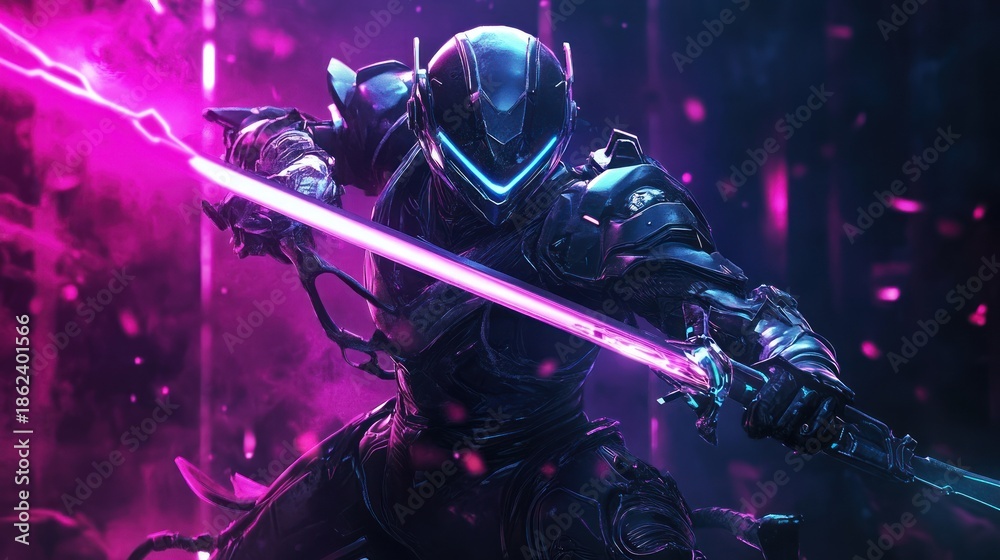 Fototapeta premium Futuristic warrior figure with glowing sword against vibrant background