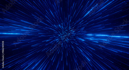 Abstract blue light trails streaking from a central point, creating an immersive optical illusion of speed and digital data flow in a dynamic futuristic tunnel