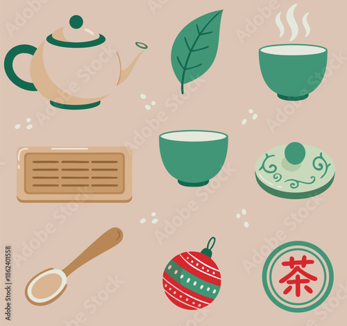 Traditional Tea Ceremony Elements and Festive Ornament.