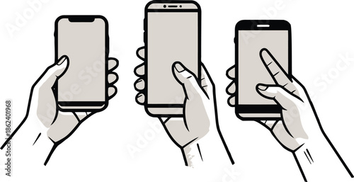 Hands holding smartphones with blank screens.